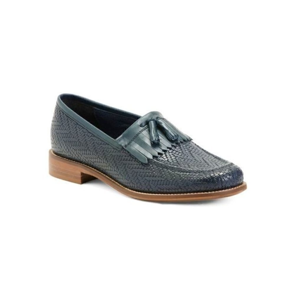 NIB Navy Blue Woven Leather Tassel Fringe Loafer Nautical Shoes Women Size EU 38